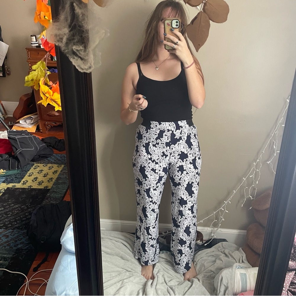 Lace Print Navy Blue and White Women's Business Casual Flare pants